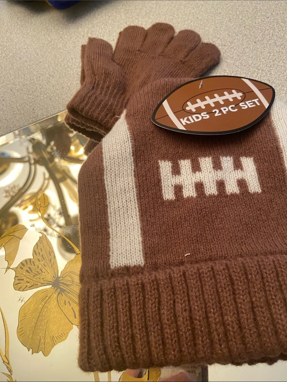 Kids Football Knit Hat & Gloves Set - Brown & White